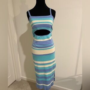 Elegant Mable Blue and White Striped Midi Dress